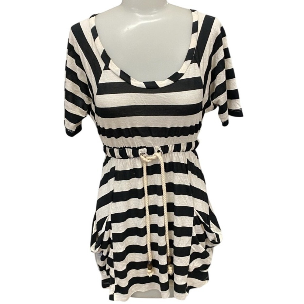 Black White Striped Tunic Mini Dress Short‎ Sleeve Pockets Size S